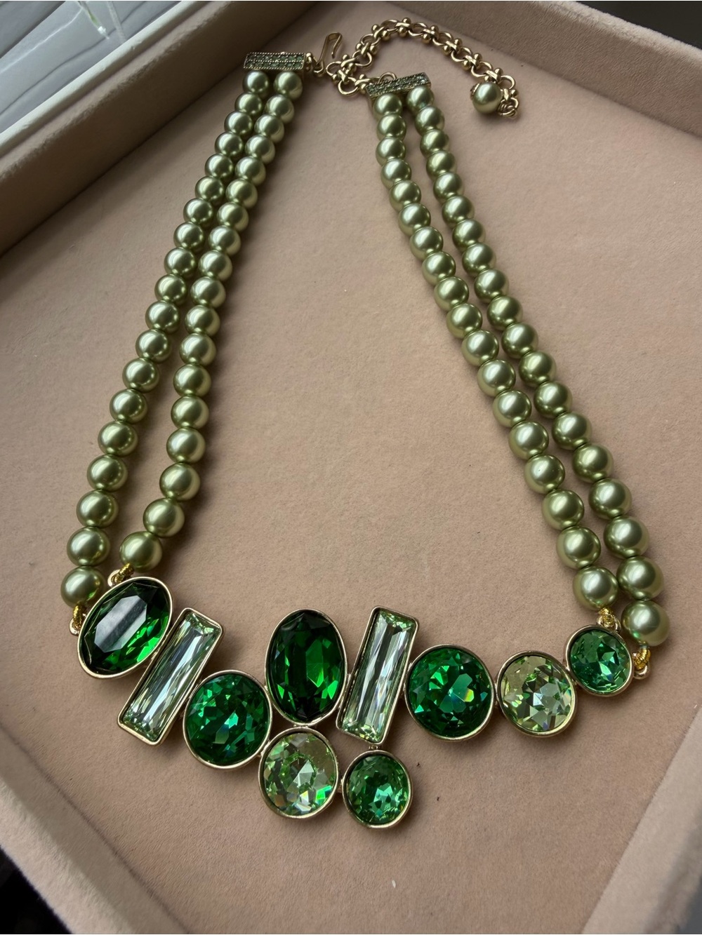 Gold-Tone Green Crystal & Pearl Statement Necklace